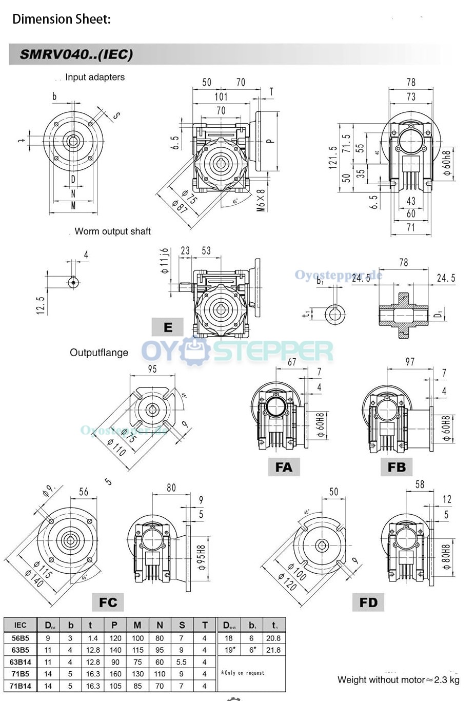 RV040 Rund-Schneckengetriebe, Übersetzung 5:1 bis 40:1 Eingang: 14mm, Flansch 71B14 / 71B5